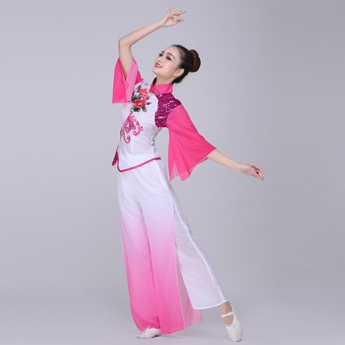 Women's chinese folk dance dresses fuchsia ancient traditional fairy yangko stage performance fan dance costumes dresses